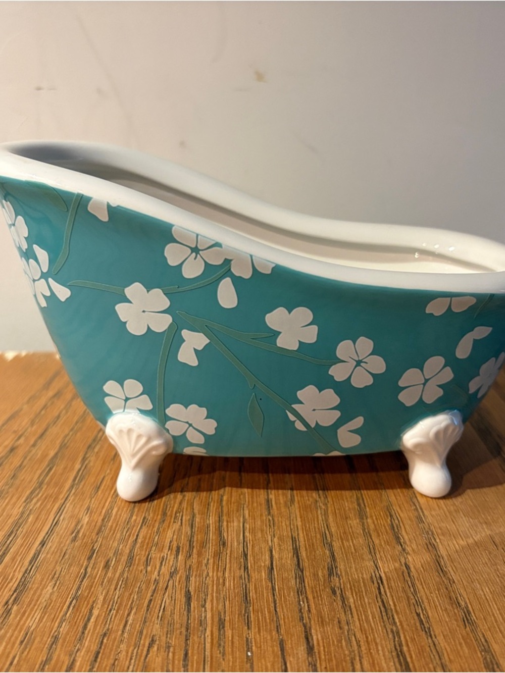 Vintage Bath & Body Works Turquoise Ivory Floral Ceramic Clawfoot Bathtub